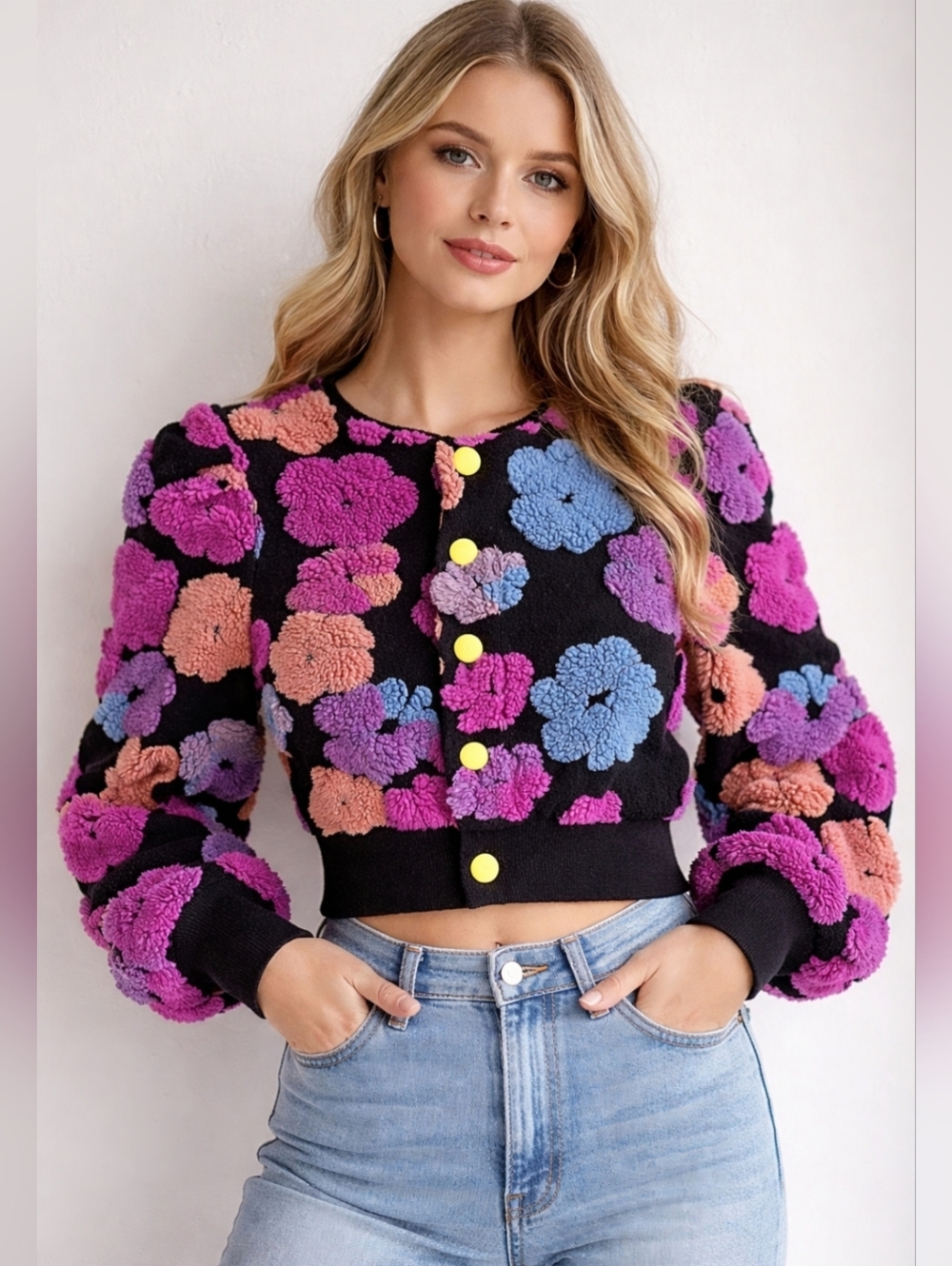 Floral Jacket Bomber Puff Sleeve Coat 3D Flowers Runway Fashion Pink Black Large